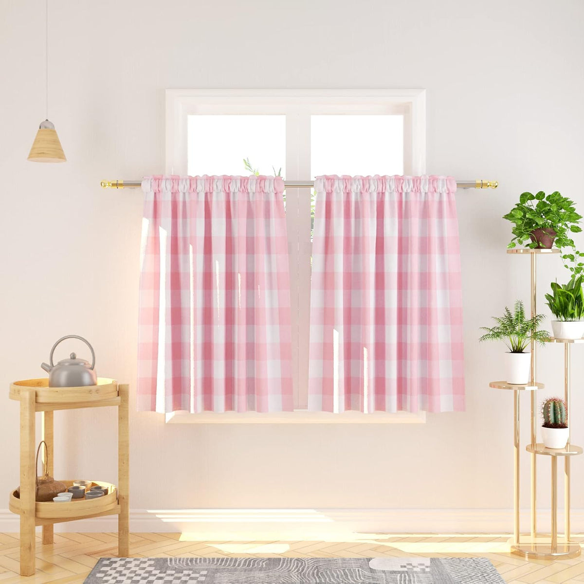 3 Pc Cotton Classic Country Farmhouse Kitchen Window Curtain -Pink & White Buffalo Check Tier & Valance Set, 54" x 18" / 27" x 36"