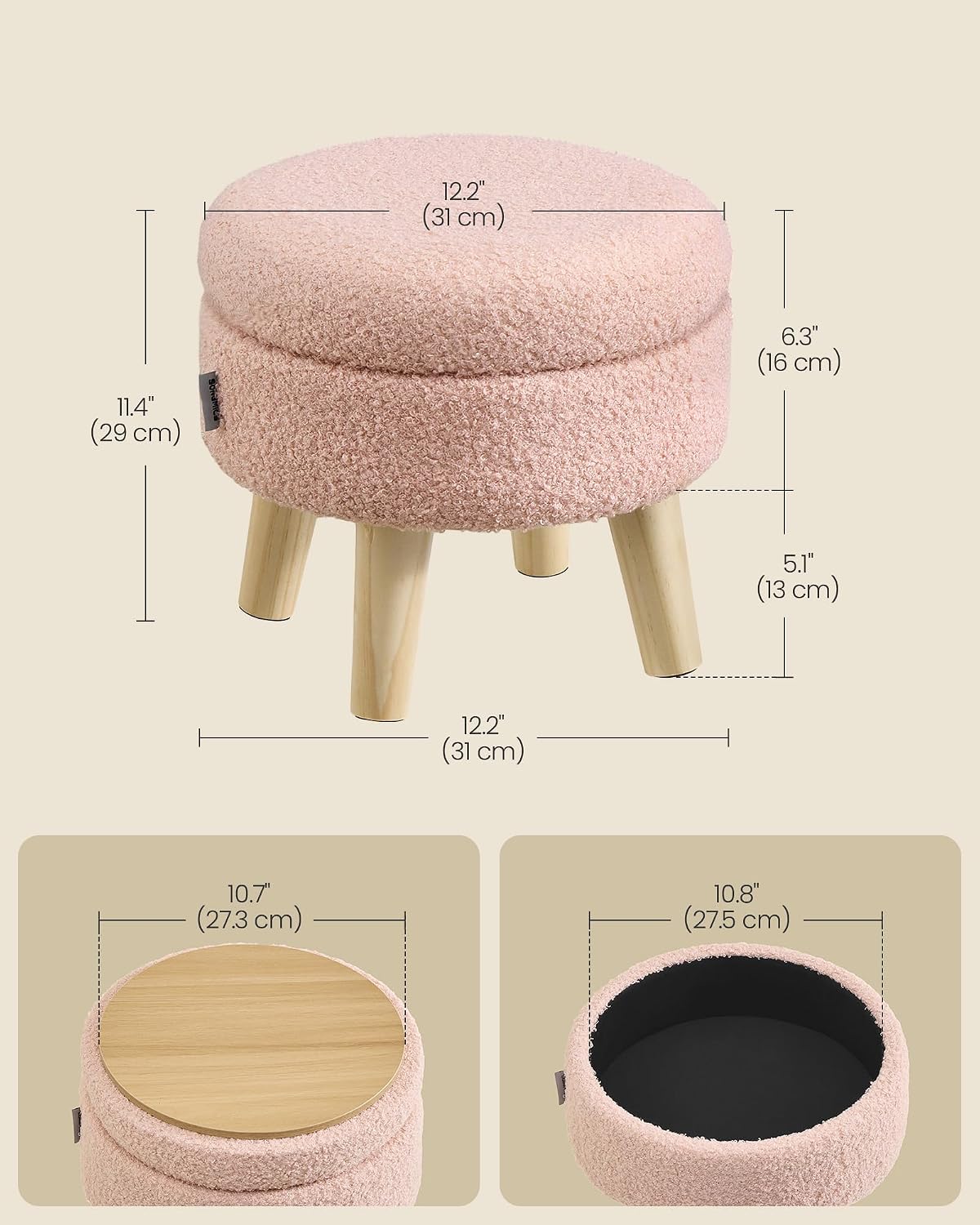 SONGMICS Foot Stool Ottoman, Small Storage Ottoman with Legs, 12.2 Inches