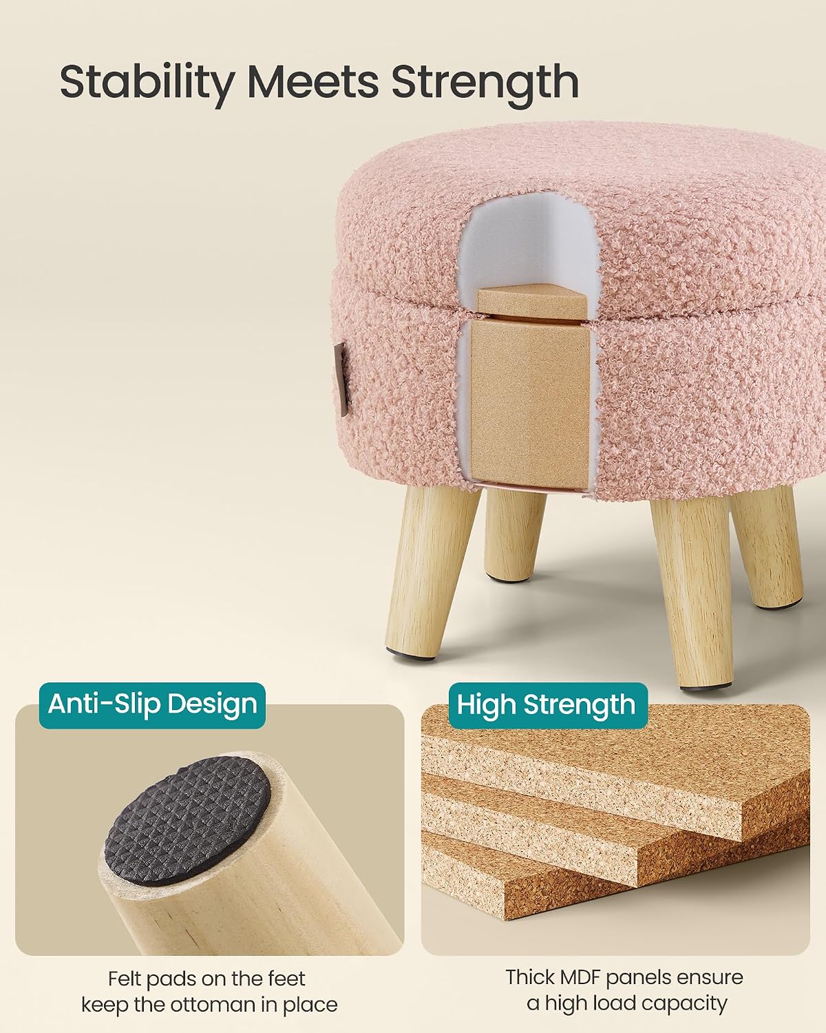SONGMICS Foot Stool Ottoman, Small Storage Ottoman with Legs, 12.2 Inches