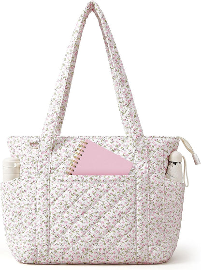 Quilted Tote Bag for Women, Floral Quilted Tote Bag with Zipper, Cute Shoulder Bag for Work, Travel, Gym