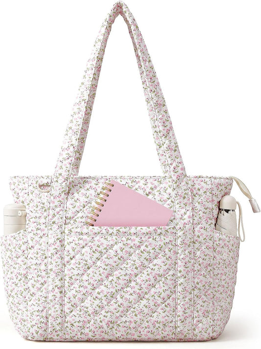 Quilted Tote Bag for Women, Floral Quilted Tote Bag with Zipper, Cute Shoulder Bag for Work, Travel, Gym