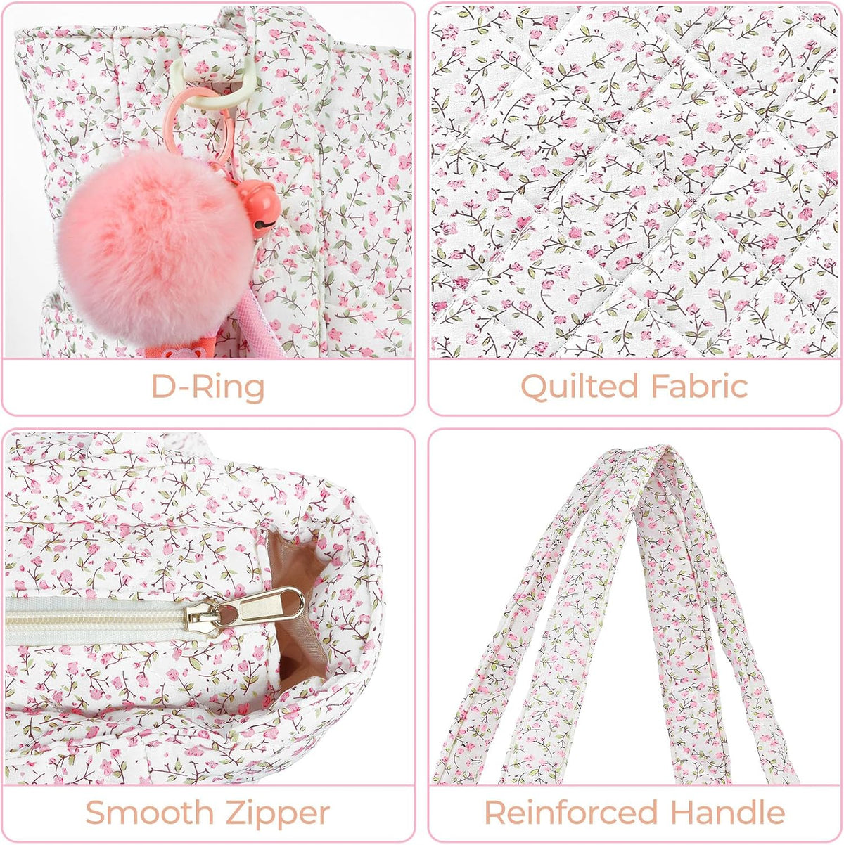 Quilted Tote Bag for Women, Floral Quilted Tote Bag with Zipper, Cute Shoulder Bag for Work, Travel, Gym