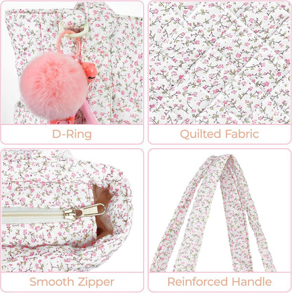 Quilted Tote Bag for Women, Floral Quilted Tote Bag with Zipper, Cute Shoulder Bag for Work, Travel, Gym