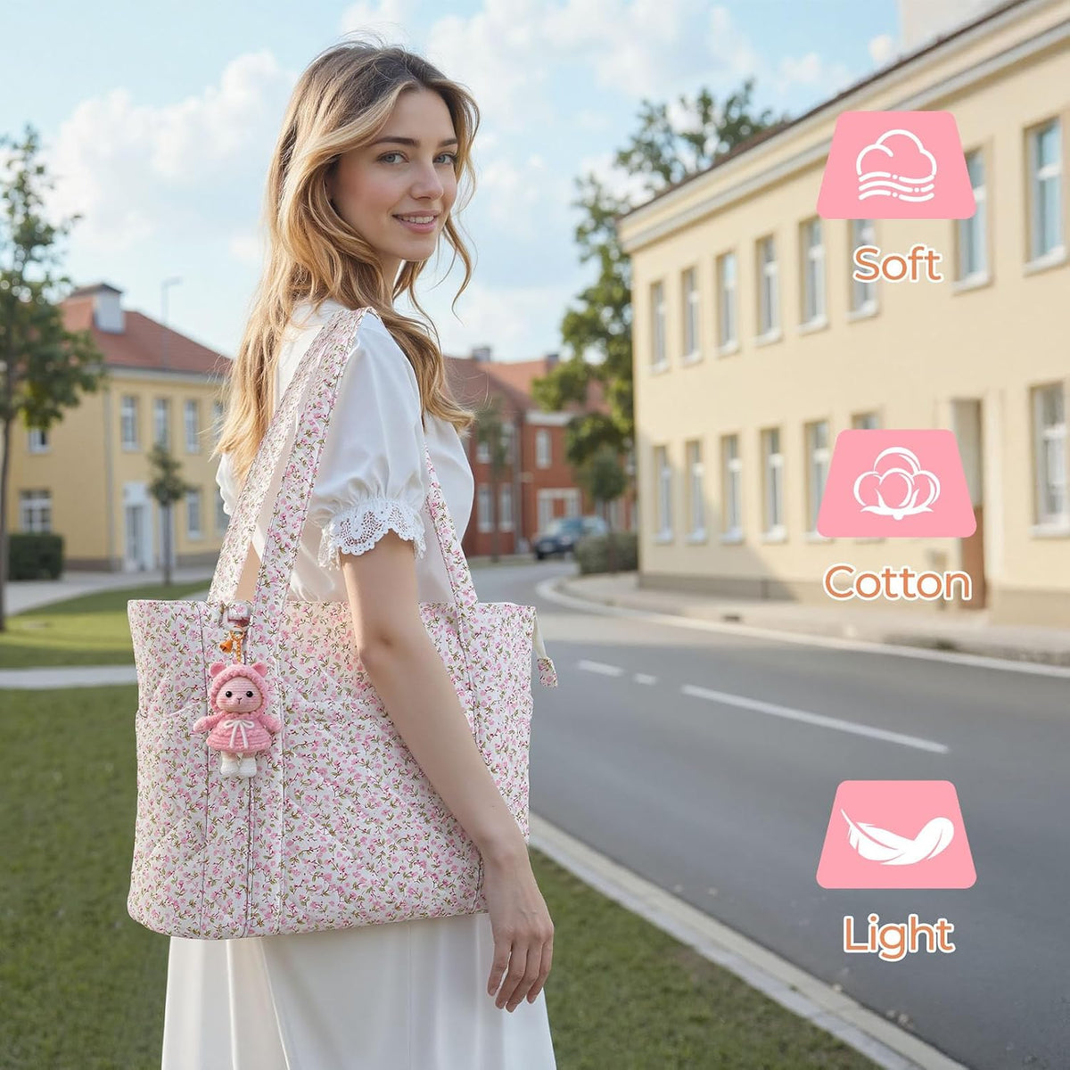 Quilted Tote Bag for Women, Floral Quilted Tote Bag with Zipper, Cute Shoulder Bag for Work, Travel, Gym