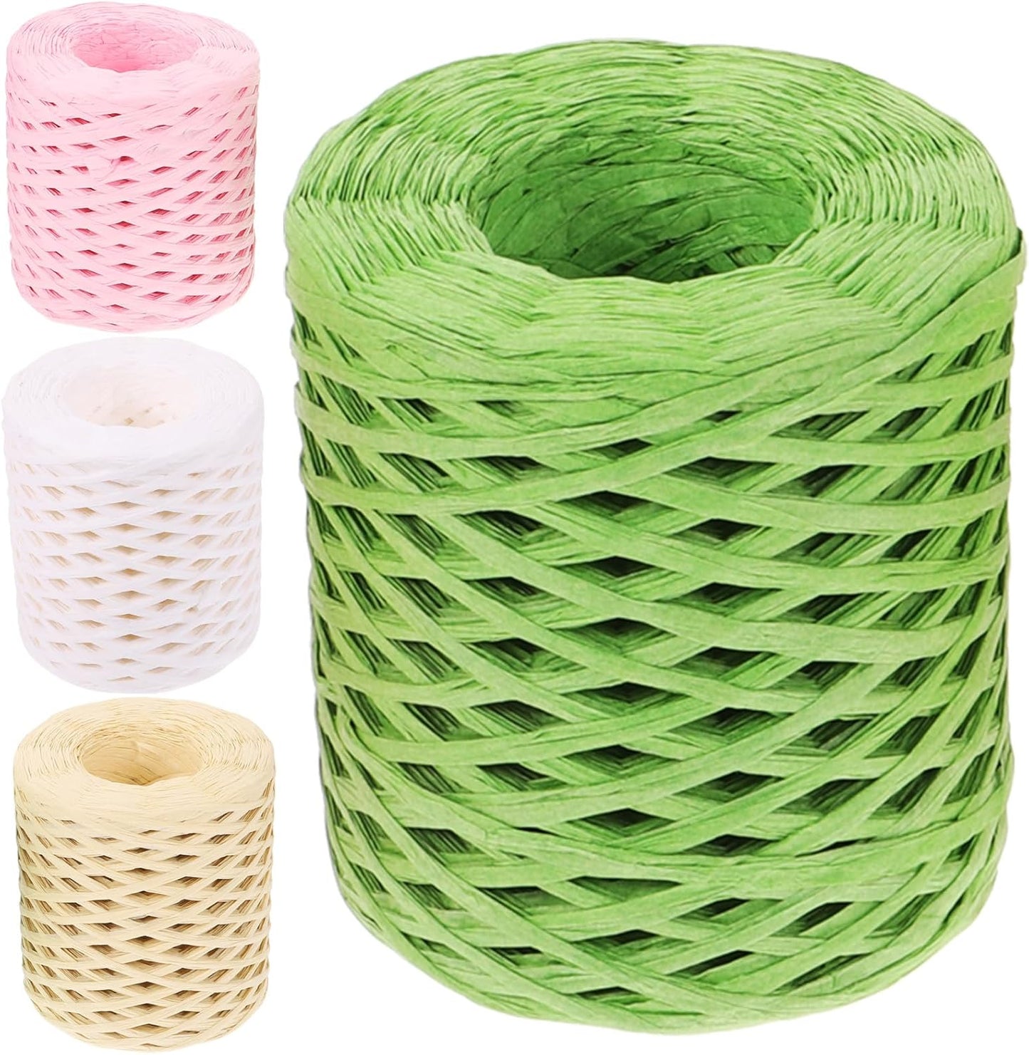 4 Rolls Raffia Ribbon Twine Wrapping Ribbon Set, Natural Colors (White Wind, Grass, Millet, Peach), DIY Craft Accessory for Christmas and Party Packing Supplies