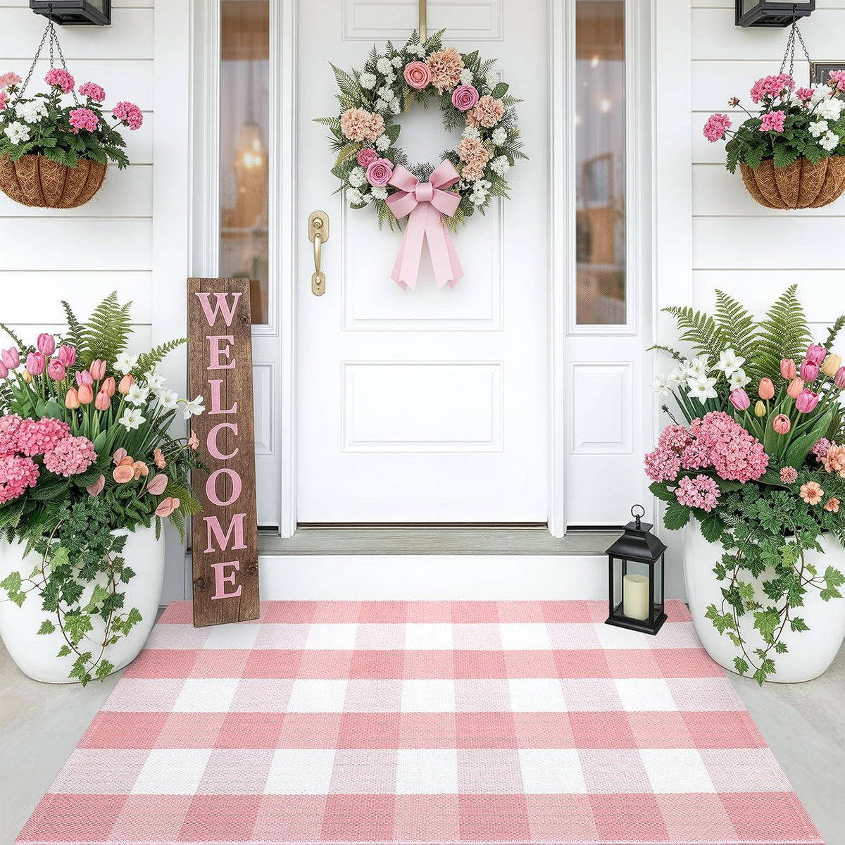 Buffalo Plaid Rug 2'4" x 3'7" (27.5" x 43") – Pink and White Cotton Checkered Doormat, Washable Indoor Outdoor Rug for Layered Front Porch, Kitchen, Entryway Decor