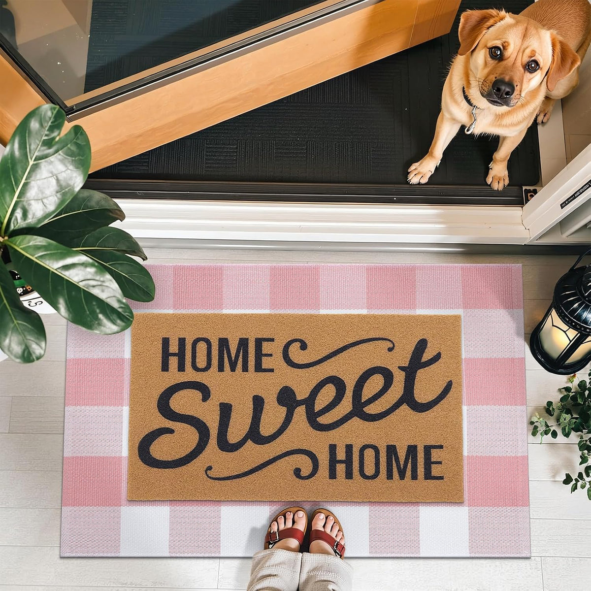 Buffalo Plaid Rug 2'4" x 3'7" (27.5" x 43") – Pink and White Cotton Checkered Doormat, Washable Indoor Outdoor Rug for Layered Front Porch, Kitchen, Entryway Decor