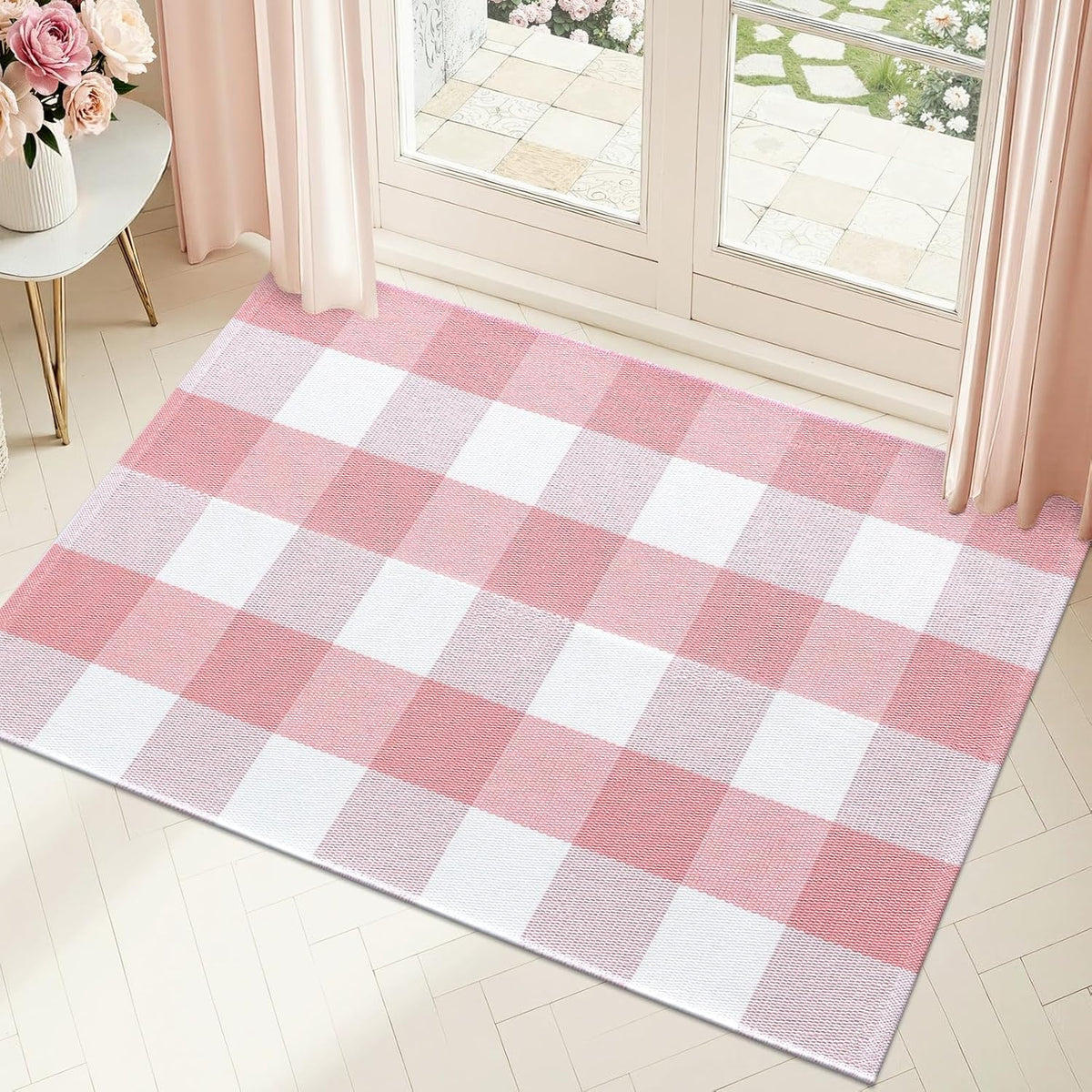 Buffalo Plaid Rug 2'4" x 3'7" (27.5" x 43") – Pink and White Cotton Checkered Doormat, Washable Indoor Outdoor Rug for Layered Front Porch, Kitchen, Entryway Decor