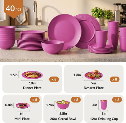 40-Piece Kitchen Plastic Wheat Straw Dinnerware Set, Dish Set for 8, Dinner Plates, Dessert Plate, Cereal Bowls, Cups, Appetizer Plates,Unbreakable Plastic Outdoor Camping Dishes,Pink
