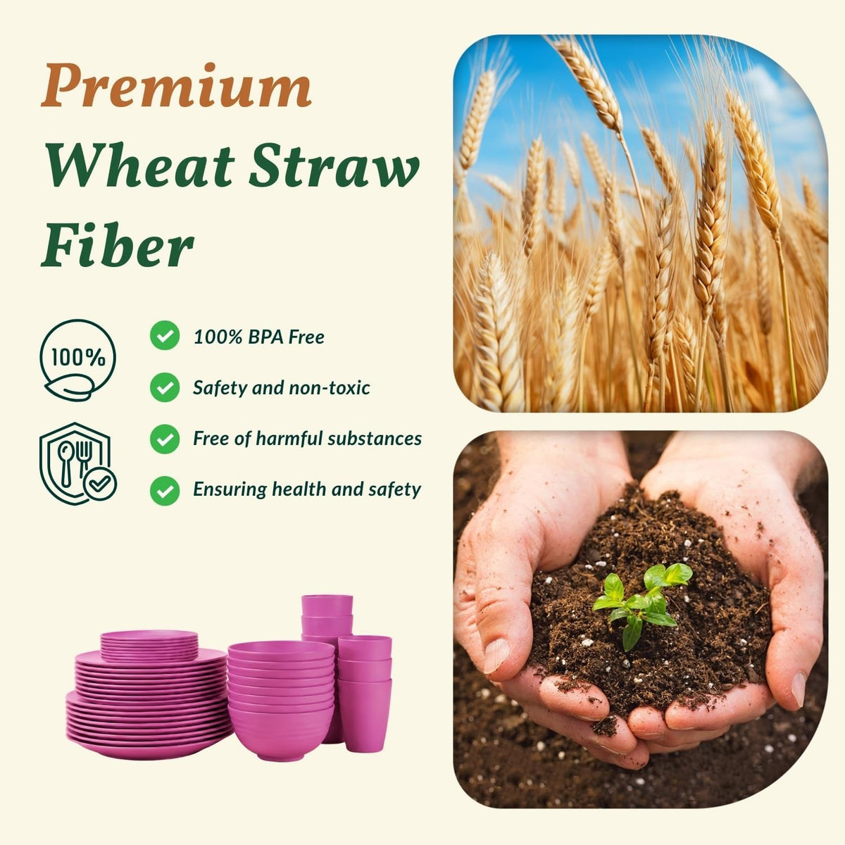 40-Piece Kitchen Plastic Wheat Straw Dinnerware Set, Dish Set for 8, Dinner Plates, Dessert Plate, Cereal Bowls, Cups, Appetizer Plates,Unbreakable Plastic Outdoor Camping Dishes,Pink