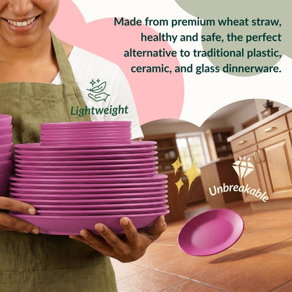 40-Piece Kitchen Plastic Wheat Straw Dinnerware Set, Dish Set for 8, Dinner Plates, Dessert Plate, Cereal Bowls, Cups, Appetizer Plates,Unbreakable Plastic Outdoor Camping Dishes,Pink