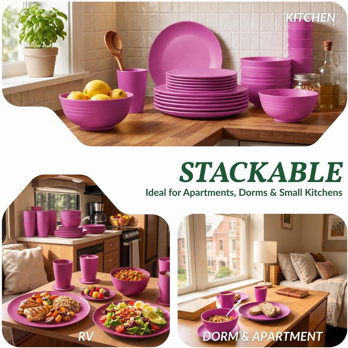 40-Piece Kitchen Plastic Wheat Straw Dinnerware Set, Dish Set for 8, Dinner Plates, Dessert Plate, Cereal Bowls, Cups, Appetizer Plates,Unbreakable Plastic Outdoor Camping Dishes,Pink