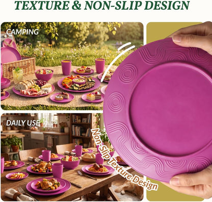 40-Piece Kitchen Plastic Wheat Straw Dinnerware Set, Dish Set for 8, Dinner Plates, Dessert Plate, Cereal Bowls, Cups, Appetizer Plates,Unbreakable Plastic Outdoor Camping Dishes,Pink
