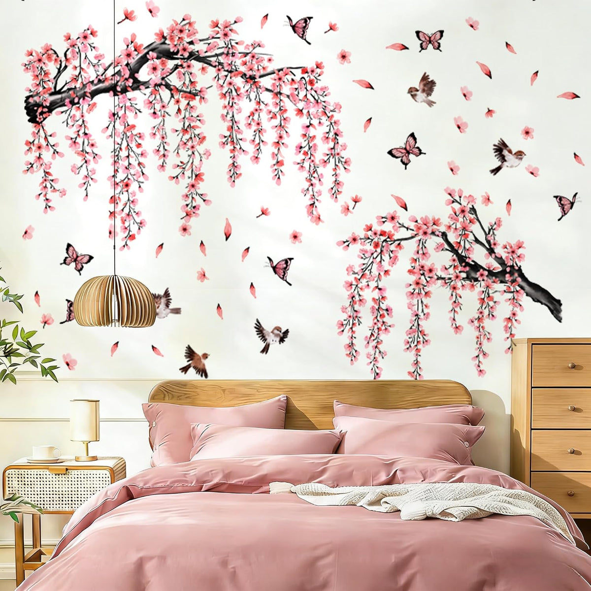 Cherry Blossom Tree Branch Wall Stickers Pink Floral Birds Wall Decals Hanging Flowew Vine Butterfly Petals Home Art Stickers Living Room Bedroom Tv Background Decor