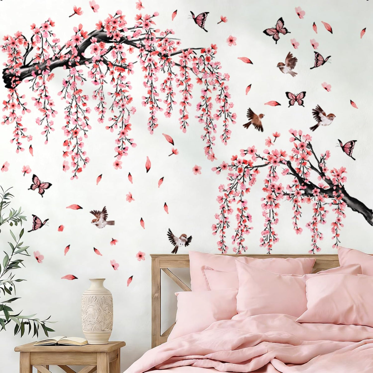 Cherry Blossom Tree Branch Wall Stickers Pink Floral Birds Wall Decals Hanging Flowew Vine Butterfly Petals Home Art Stickers Living Room Bedroom Tv Background Decor