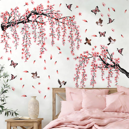 Cherry Blossom Tree Branch Wall Stickers Pink Floral Birds Wall Decals Hanging Flowew Vine Butterfly Petals Home Art Stickers Living Room Bedroom Tv Background Decor