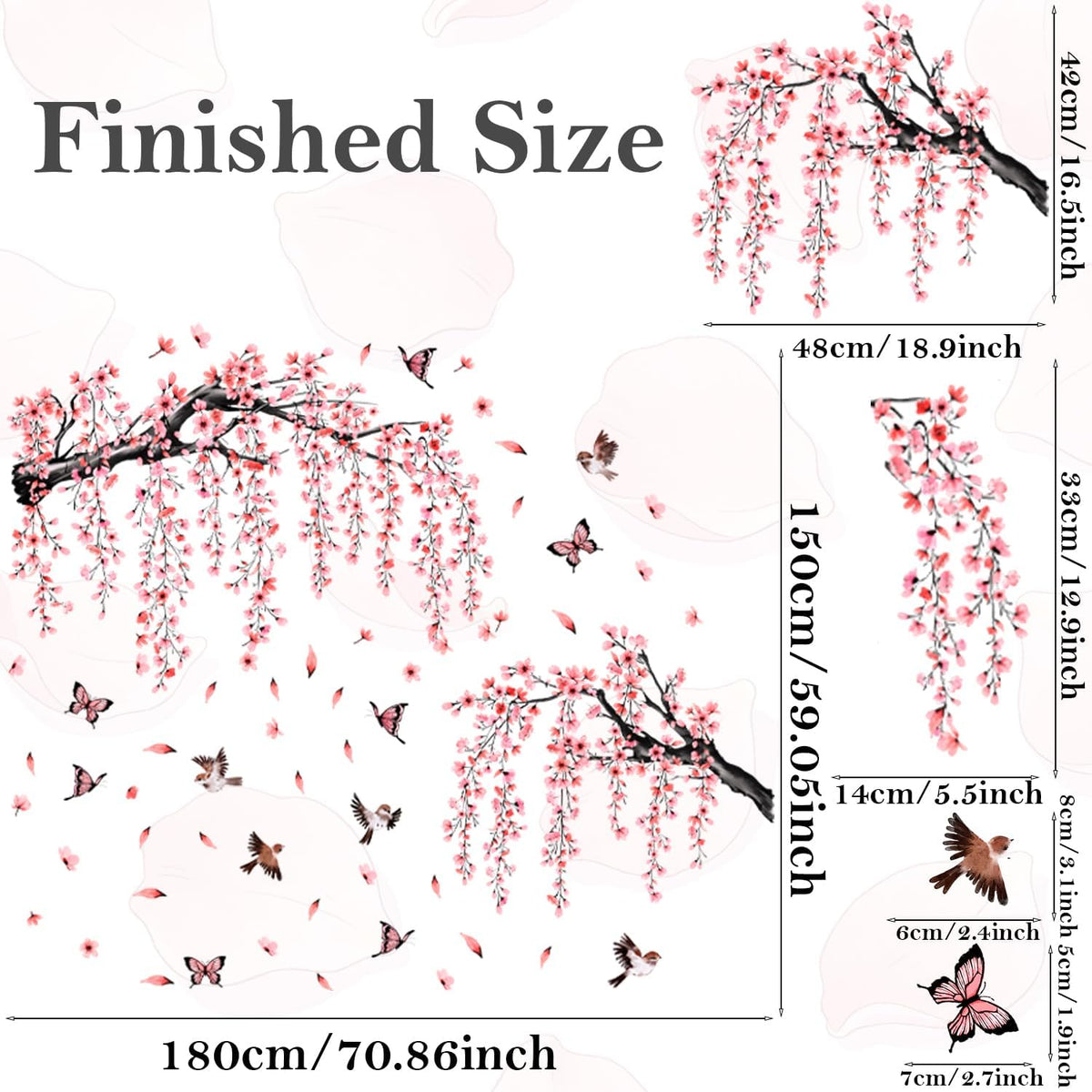 Cherry Blossom Tree Branch Wall Stickers Pink Floral Birds Wall Decals Hanging Flowew Vine Butterfly Petals Home Art Stickers Living Room Bedroom Tv Background Decor
