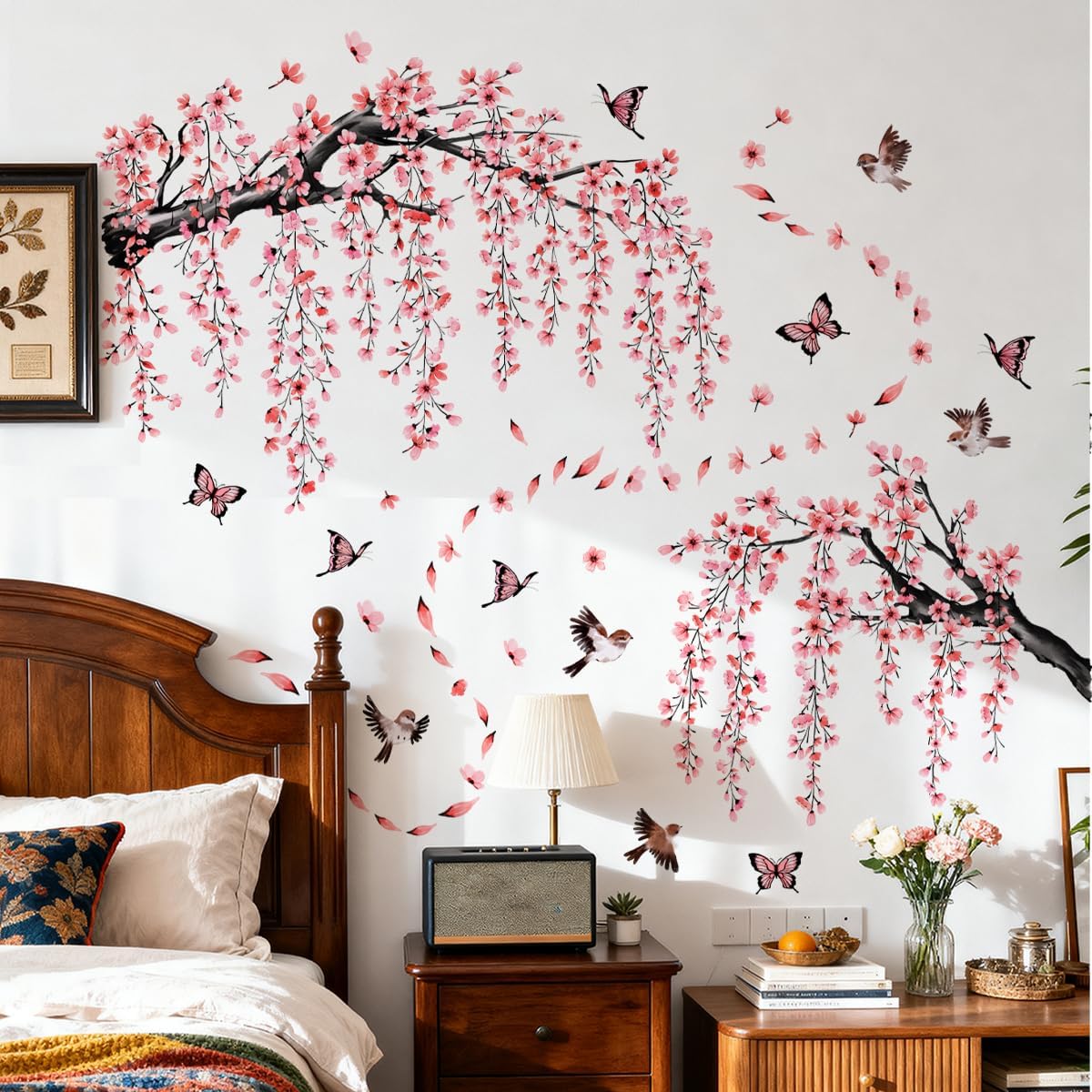 Cherry Blossom Tree Branch Wall Stickers Pink Floral Birds Wall Decals Hanging Flowew Vine Butterfly Petals Home Art Stickers Living Room Bedroom Tv Background Decor
