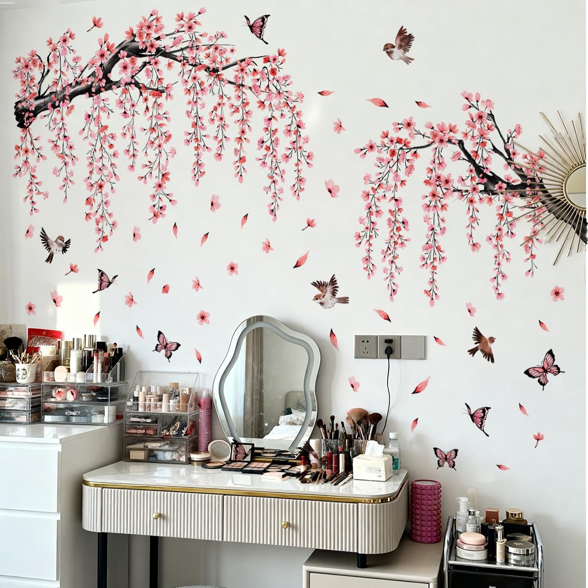 Cherry Blossom Tree Branch Wall Stickers Pink Floral Birds Wall Decals Hanging Flowew Vine Butterfly Petals Home Art Stickers Living Room Bedroom Tv Background Decor