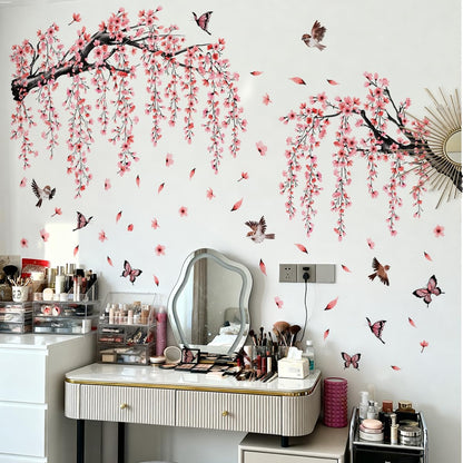 Cherry Blossom Tree Branch Wall Stickers Pink Floral Birds Wall Decals Hanging Flowew Vine Butterfly Petals Home Art Stickers Living Room Bedroom Tv Background Decor