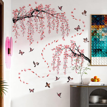 Cherry Blossom Tree Branch Wall Stickers Pink Floral Birds Wall Decals Hanging Flowew Vine Butterfly Petals Home Art Stickers Living Room Bedroom Tv Background Decor