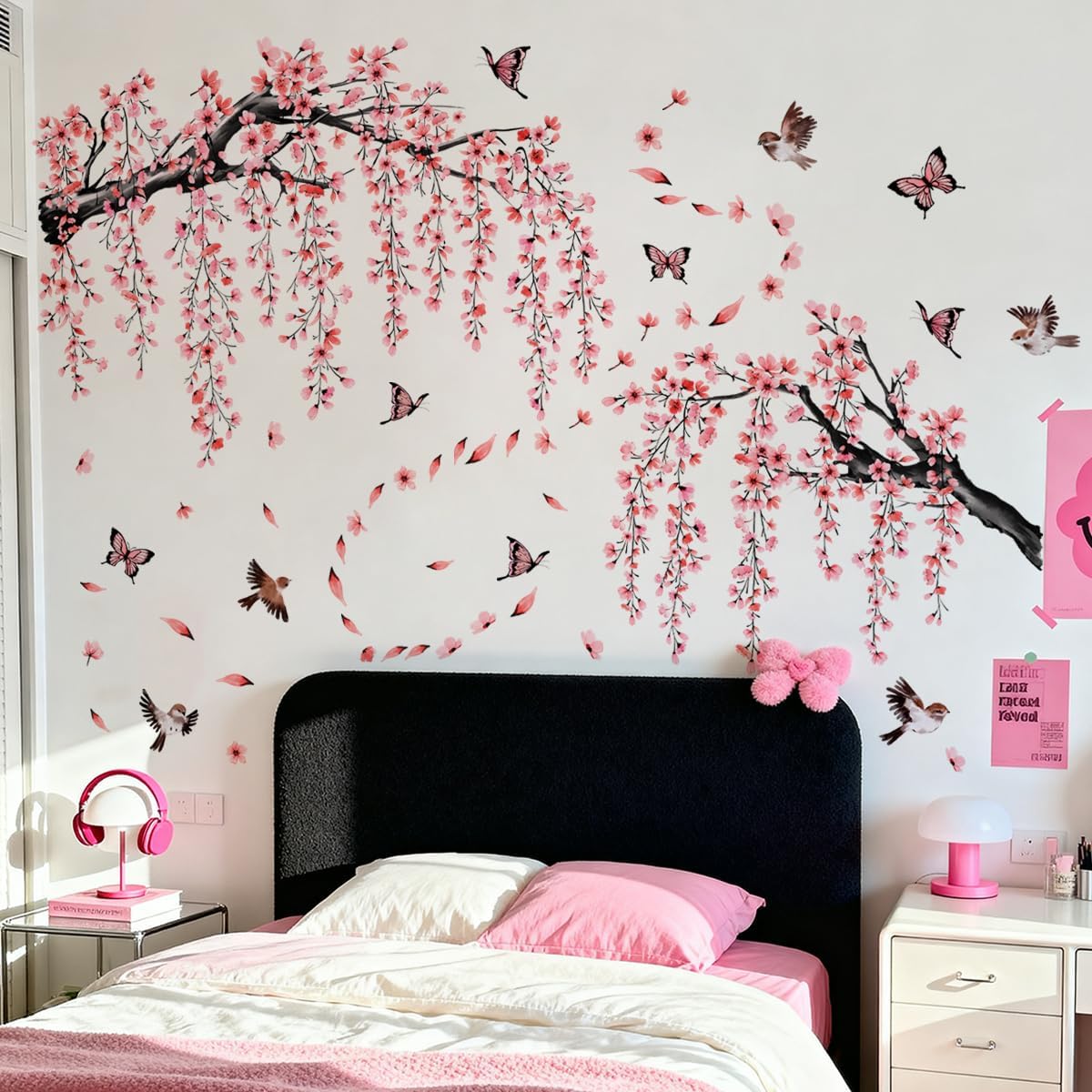 Cherry Blossom Tree Branch Wall Stickers Pink Floral Birds Wall Decals Hanging Flowew Vine Butterfly Petals Home Art Stickers Living Room Bedroom Tv Background Decor
