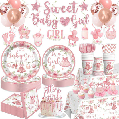 171PCS Pink Baby Shower Decorations for Girl Tableware Set, 20 Serves Disposable Plates and Napkins Set, with Cake Topper, Centerpieces, Banner, Tablecloth, for Baby Shower Themes Girls