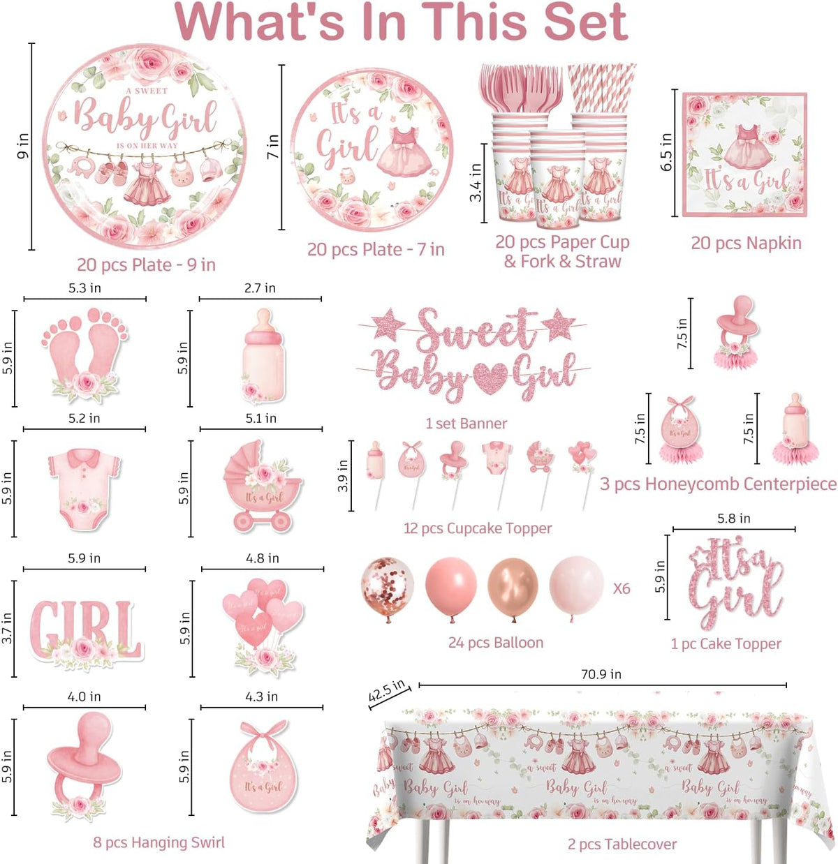 171PCS Pink Baby Shower Decorations for Girl Tableware Set, 20 Serves Disposable Plates and Napkins Set, with Cake Topper, Centerpieces, Banner, Tablecloth, for Baby Shower Themes Girls