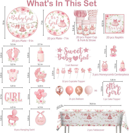 171PCS Pink Baby Shower Decorations for Girl Tableware Set, 20 Serves Disposable Plates and Napkins Set, with Cake Topper, Centerpieces, Banner, Tablecloth, for Baby Shower Themes Girls