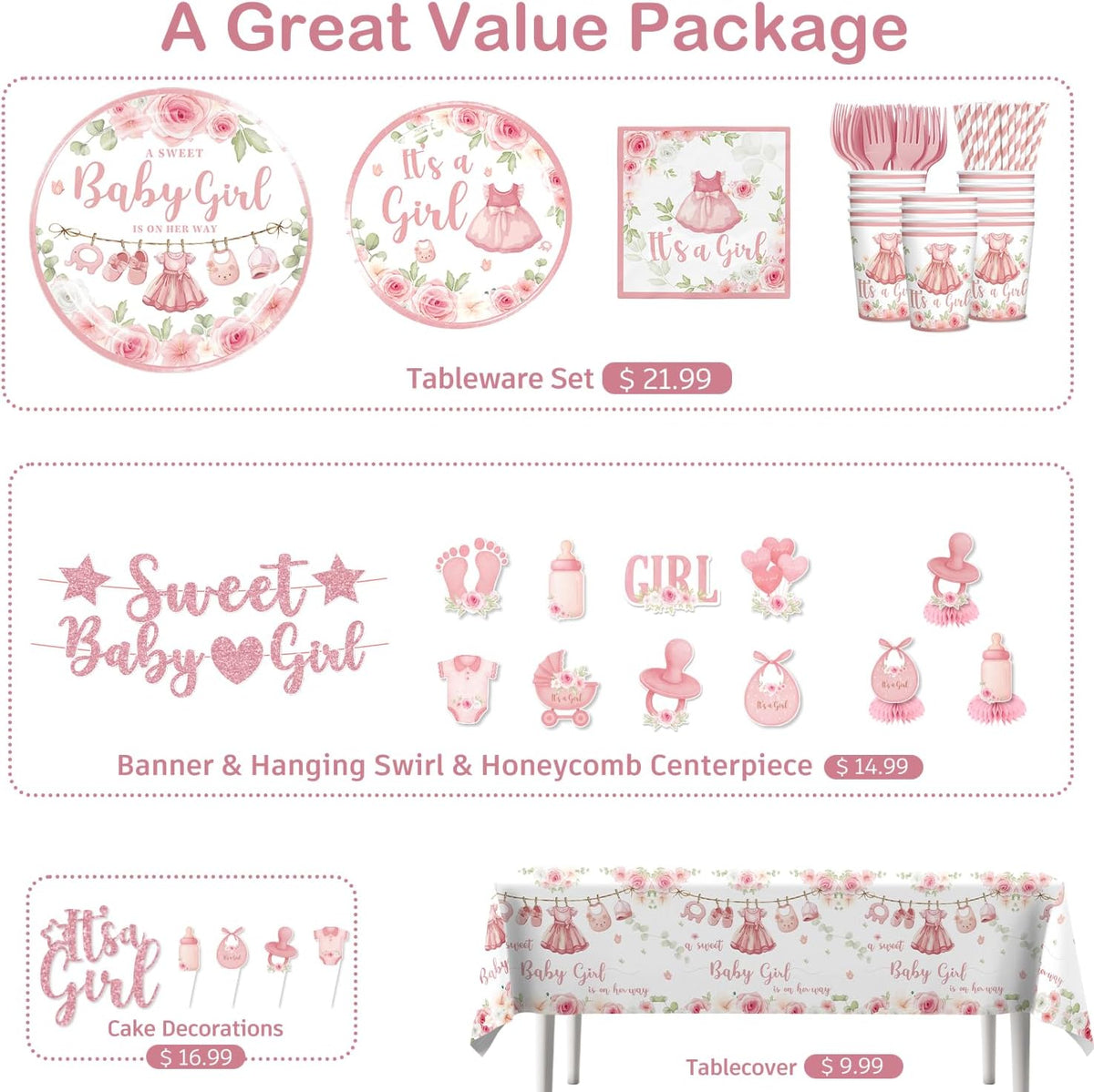 171PCS Pink Baby Shower Decorations for Girl Tableware Set, 20 Serves Disposable Plates and Napkins Set, with Cake Topper, Centerpieces, Banner, Tablecloth, for Baby Shower Themes Girls