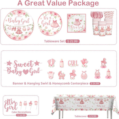 171PCS Pink Baby Shower Decorations for Girl Tableware Set, 20 Serves Disposable Plates and Napkins Set, with Cake Topper, Centerpieces, Banner, Tablecloth, for Baby Shower Themes Girls