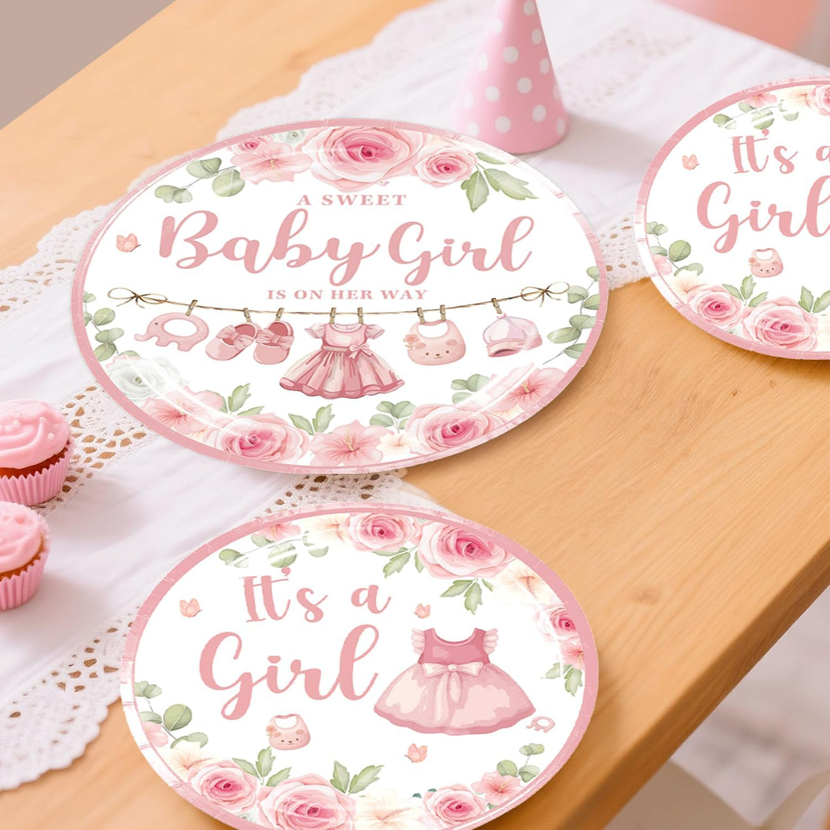 171PCS Pink Baby Shower Decorations for Girl Tableware Set, 20 Serves Disposable Plates and Napkins Set, with Cake Topper, Centerpieces, Banner, Tablecloth, for Baby Shower Themes Girls