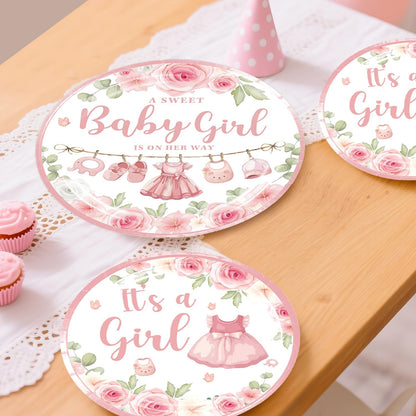 171PCS Pink Baby Shower Decorations for Girl Tableware Set, 20 Serves Disposable Plates and Napkins Set, with Cake Topper, Centerpieces, Banner, Tablecloth, for Baby Shower Themes Girls