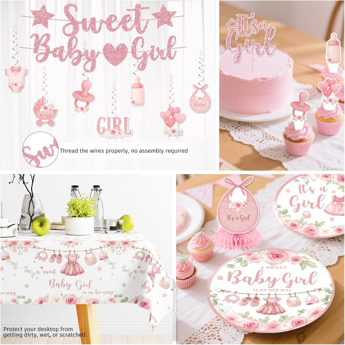 171PCS Pink Baby Shower Decorations for Girl Tableware Set, 20 Serves Disposable Plates and Napkins Set, with Cake Topper, Centerpieces, Banner, Tablecloth, for Baby Shower Themes Girls