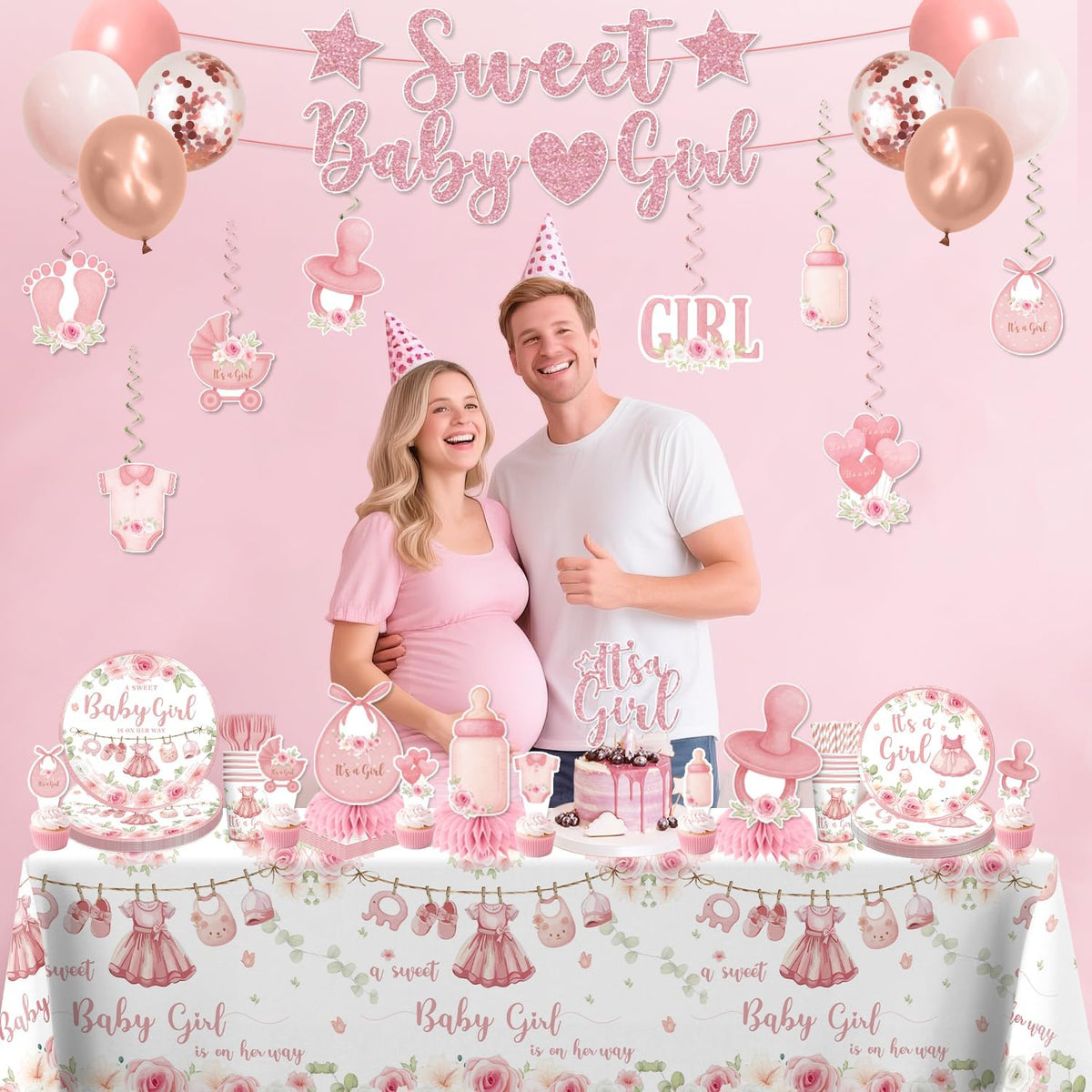 171PCS Pink Baby Shower Decorations for Girl Tableware Set, 20 Serves Disposable Plates and Napkins Set, with Cake Topper, Centerpieces, Banner, Tablecloth, for Baby Shower Themes Girls
