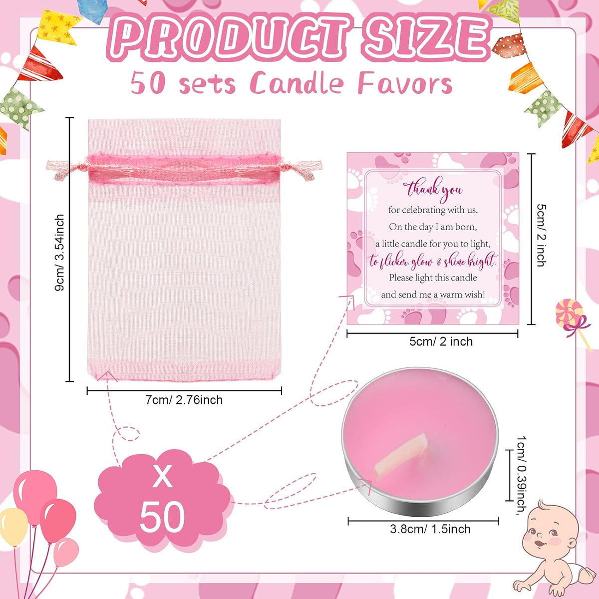 50 Sets Baby Shower Party Favors,Pink