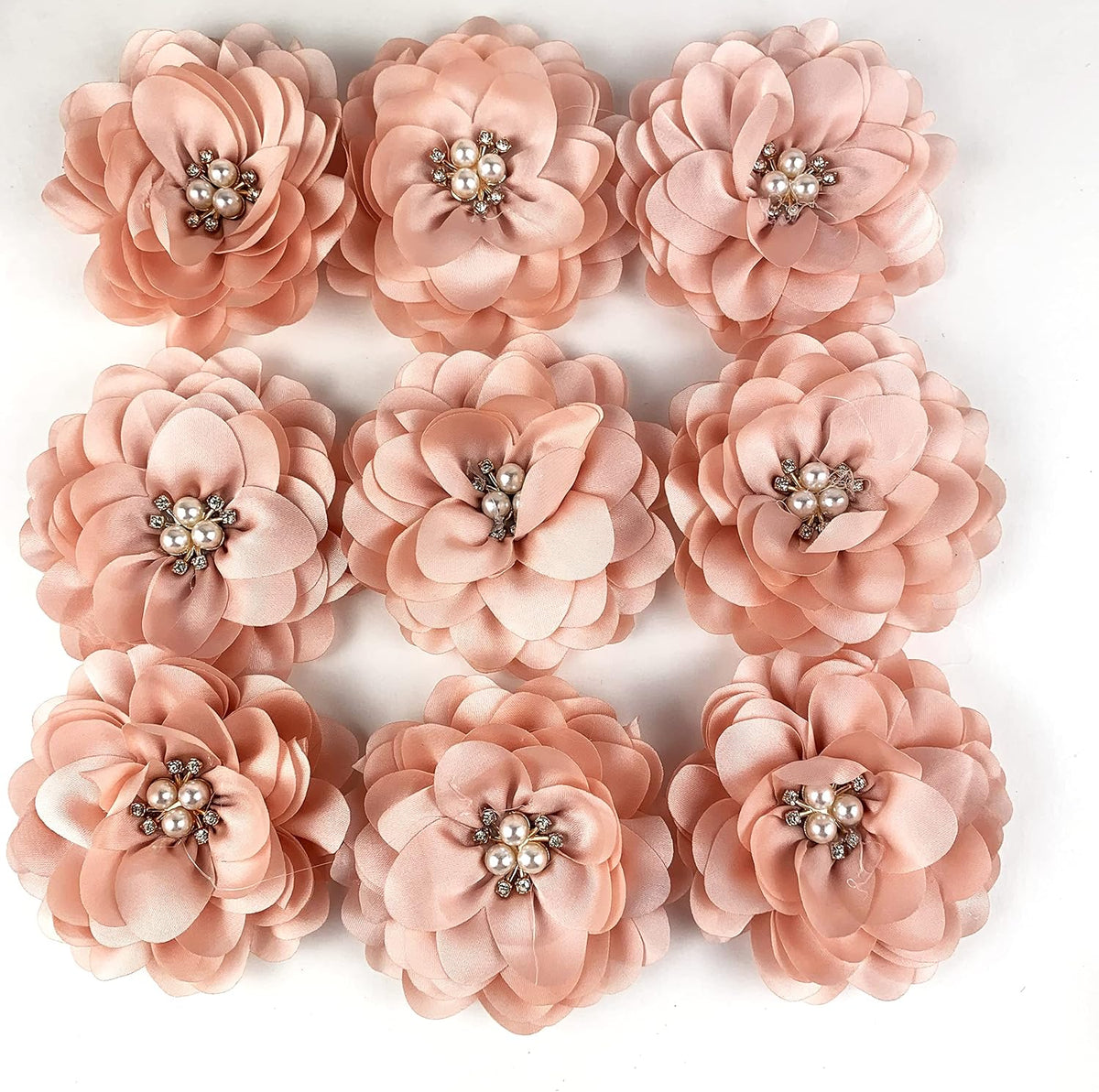 10PC Peach Large Chiffon Fabric Flower Rhinestone Cluster for DIY Handmade Decorative Hair Clip Scrapbooking and More Decor 3.2" Inch