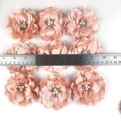 10PC Peach Large Chiffon Fabric Flower Rhinestone Cluster for DIY Handmade Decorative Hair Clip Scrapbooking and More Decor 3.2" Inch
