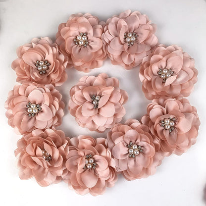 10PC Peach Large Chiffon Fabric Flower Rhinestone Cluster for DIY Handmade Decorative Hair Clip Scrapbooking and More Decor 3.2" Inch