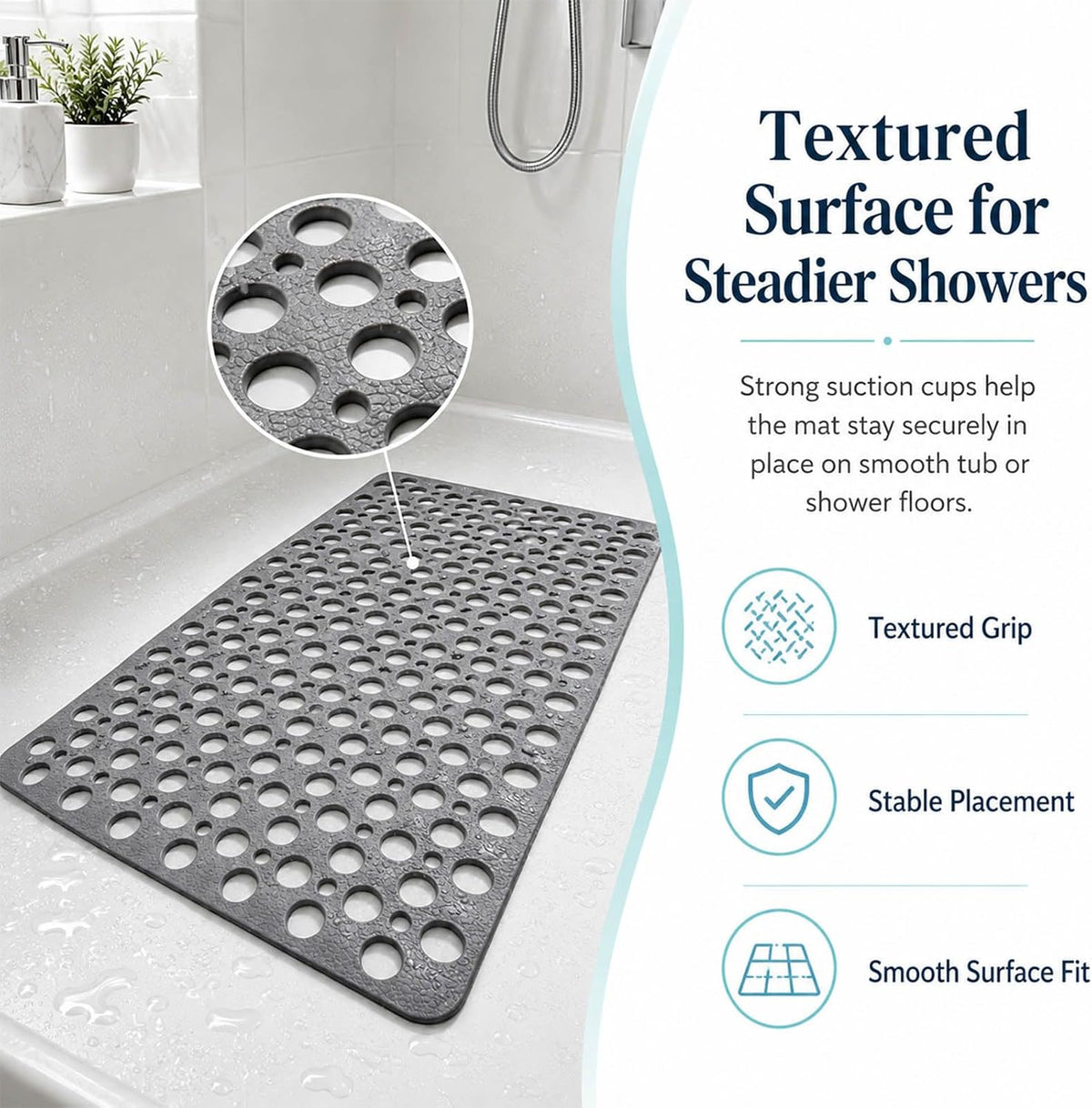 Casa and Beyond Shower Mat, Secure Shower Mat-Non-Slip, Washable Non-Slip Bathtub Mats, with Suction Cups and Drain Holes, Soft Textured Design, Easy to Clean for Bathroom (Pink, 20.9" x 20.9")