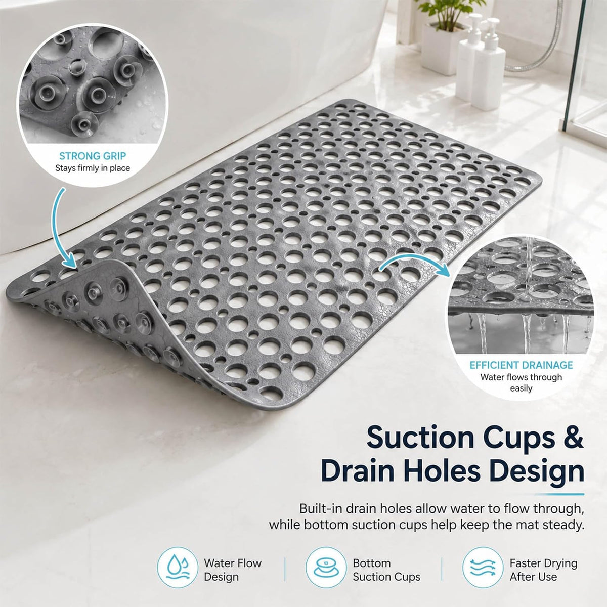 Casa and Beyond Shower Mat, Secure Shower Mat-Non-Slip, Washable Non-Slip Bathtub Mats, with Suction Cups and Drain Holes, Soft Textured Design, Easy to Clean for Bathroom (Pink, 20.9" x 20.9")
