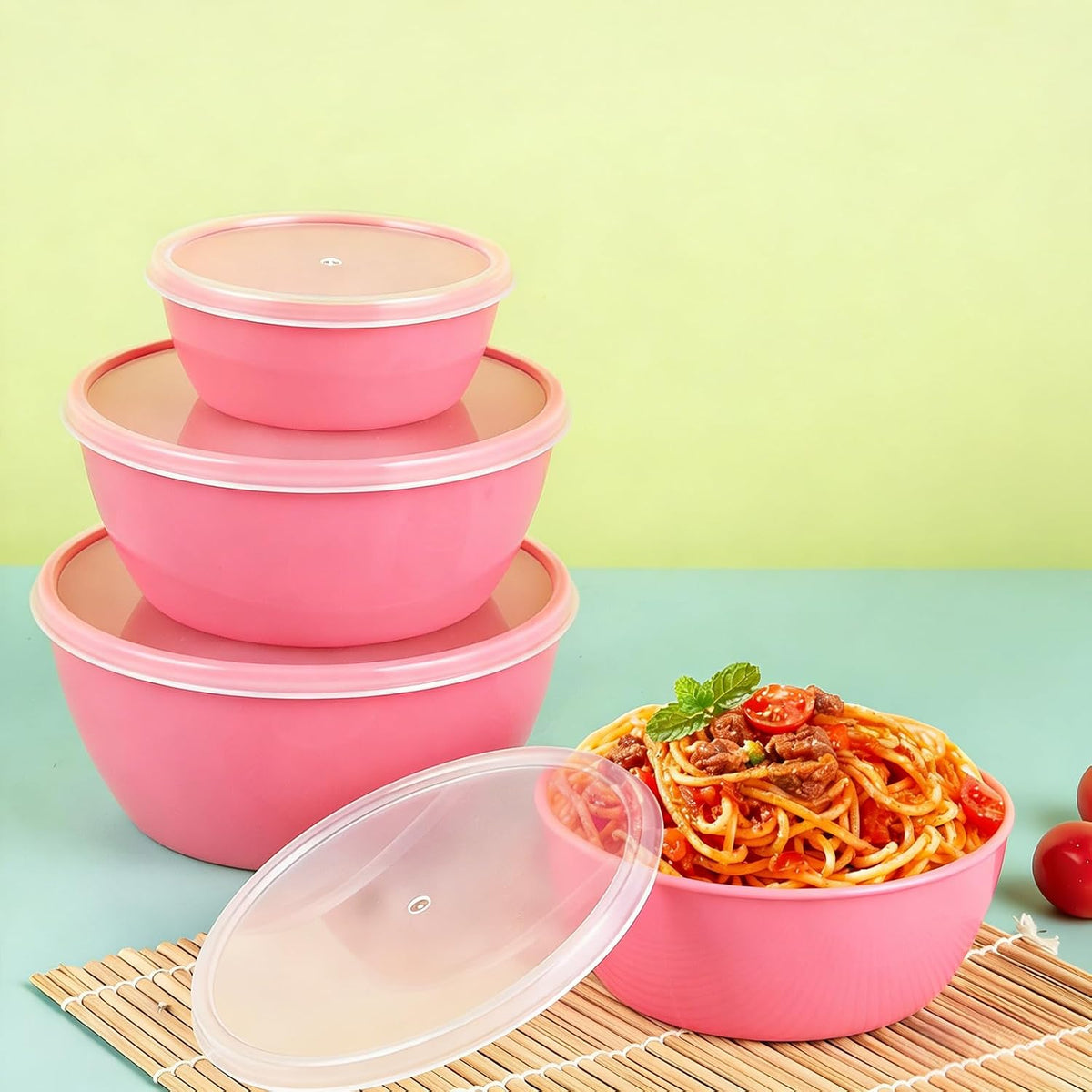 4-Piece Classic Plastic Prep Bowls with Lids, Nesting Plastic Small Mixing Bowl Set for Mixing, Baking, Prepping, Cooking and Serving Food, Microwave and Dishwasher Safe (Pink)