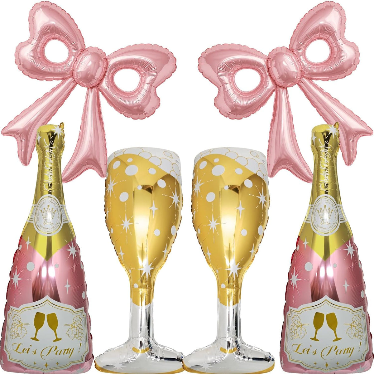 6 Pcs Pink Bow Balloons, Huge Rose Gold Champagne Bottle Goblet Aluminum Foil Balloons for Birthday, Bachelorette, Bridal Shower, Wedding, Anniversary, Engagement Party Decorations Supplies