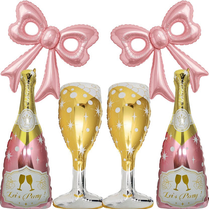 6 Pcs Pink Bow Balloons, Huge Rose Gold Champagne Bottle Goblet Aluminum Foil Balloons for Birthday, Bachelorette, Bridal Shower, Wedding, Anniversary, Engagement Party Decorations Supplies