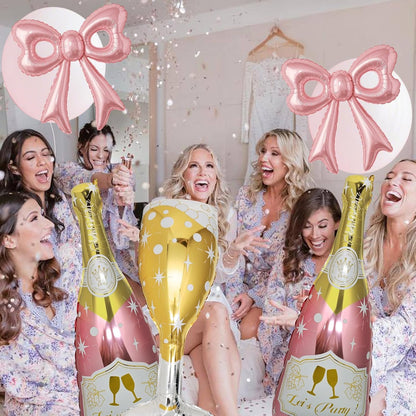 6 Pcs Pink Bow Balloons, Huge Rose Gold Champagne Bottle Goblet Aluminum Foil Balloons for Birthday, Bachelorette, Bridal Shower, Wedding, Anniversary, Engagement Party Decorations Supplies