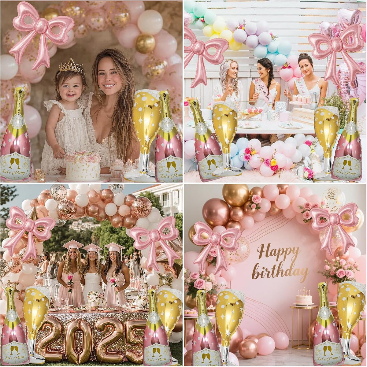 6 Pcs Pink Bow Balloons, Huge Rose Gold Champagne Bottle Goblet Aluminum Foil Balloons for Birthday, Bachelorette, Bridal Shower, Wedding, Anniversary, Engagement Party Decorations Supplies