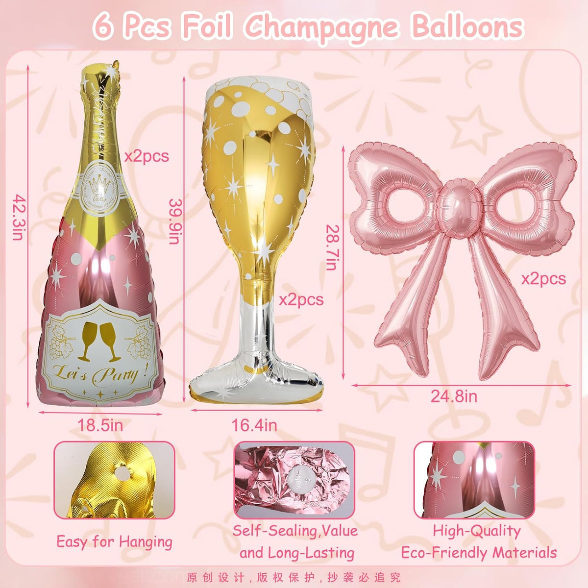6 Pcs Pink Bow Balloons, Huge Rose Gold Champagne Bottle Goblet Aluminum Foil Balloons for Birthday, Bachelorette, Bridal Shower, Wedding, Anniversary, Engagement Party Decorations Supplies
