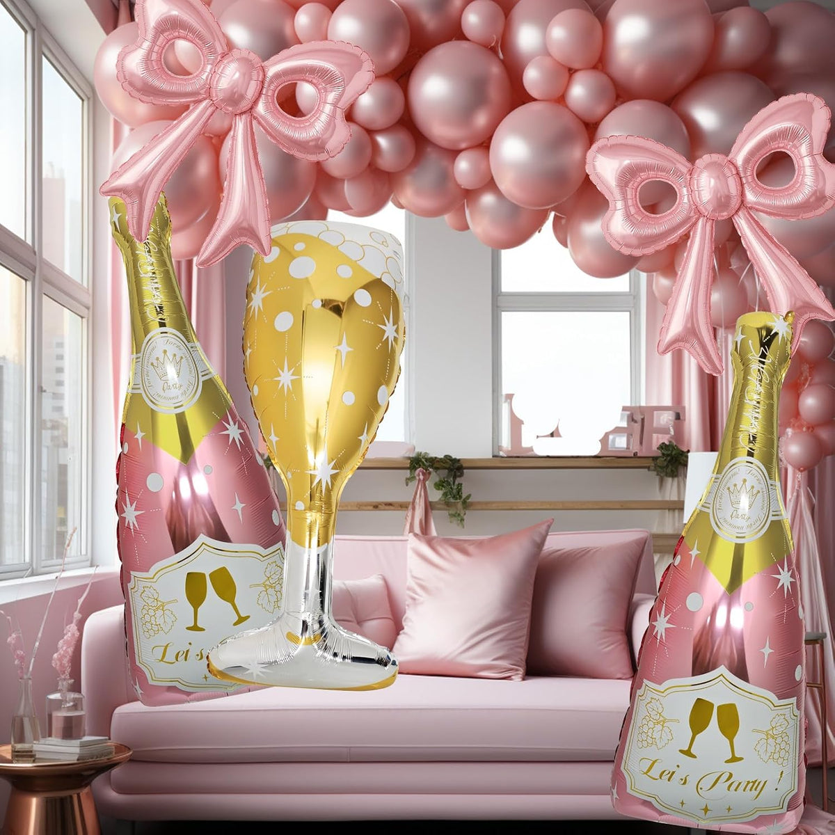 6 Pcs Pink Bow Balloons, Huge Rose Gold Champagne Bottle Goblet Aluminum Foil Balloons for Birthday, Bachelorette, Bridal Shower, Wedding, Anniversary, Engagement Party Decorations Supplies