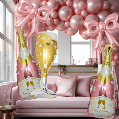 6 Pcs Pink Bow Balloons, Huge Rose Gold Champagne Bottle Goblet Aluminum Foil Balloons for Birthday, Bachelorette, Bridal Shower, Wedding, Anniversary, Engagement Party Decorations Supplies