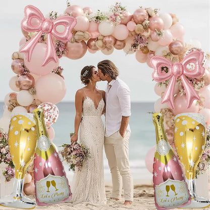 6 Pcs Pink Bow Balloons, Huge Rose Gold Champagne Bottle Goblet Aluminum Foil Balloons for Birthday, Bachelorette, Bridal Shower, Wedding, Anniversary, Engagement Party Decorations Supplies